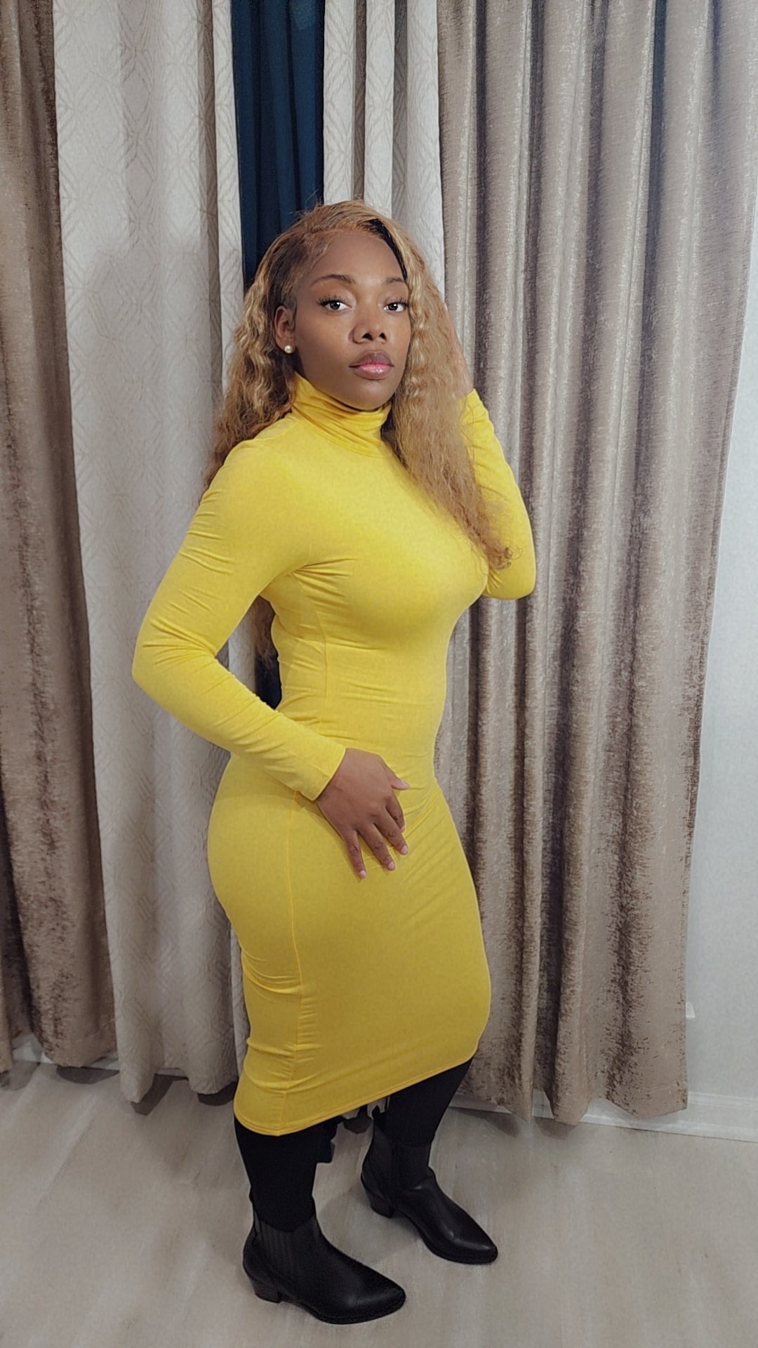 Yellow Turtleneck Knee Length Dress