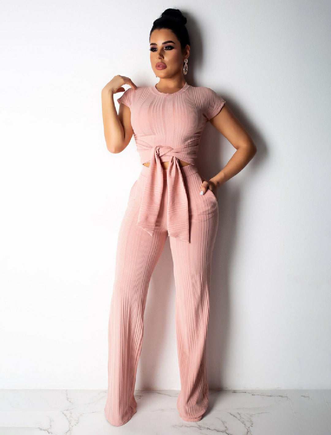 Solid Tie Wrap Top w/ Wide leg Pants
