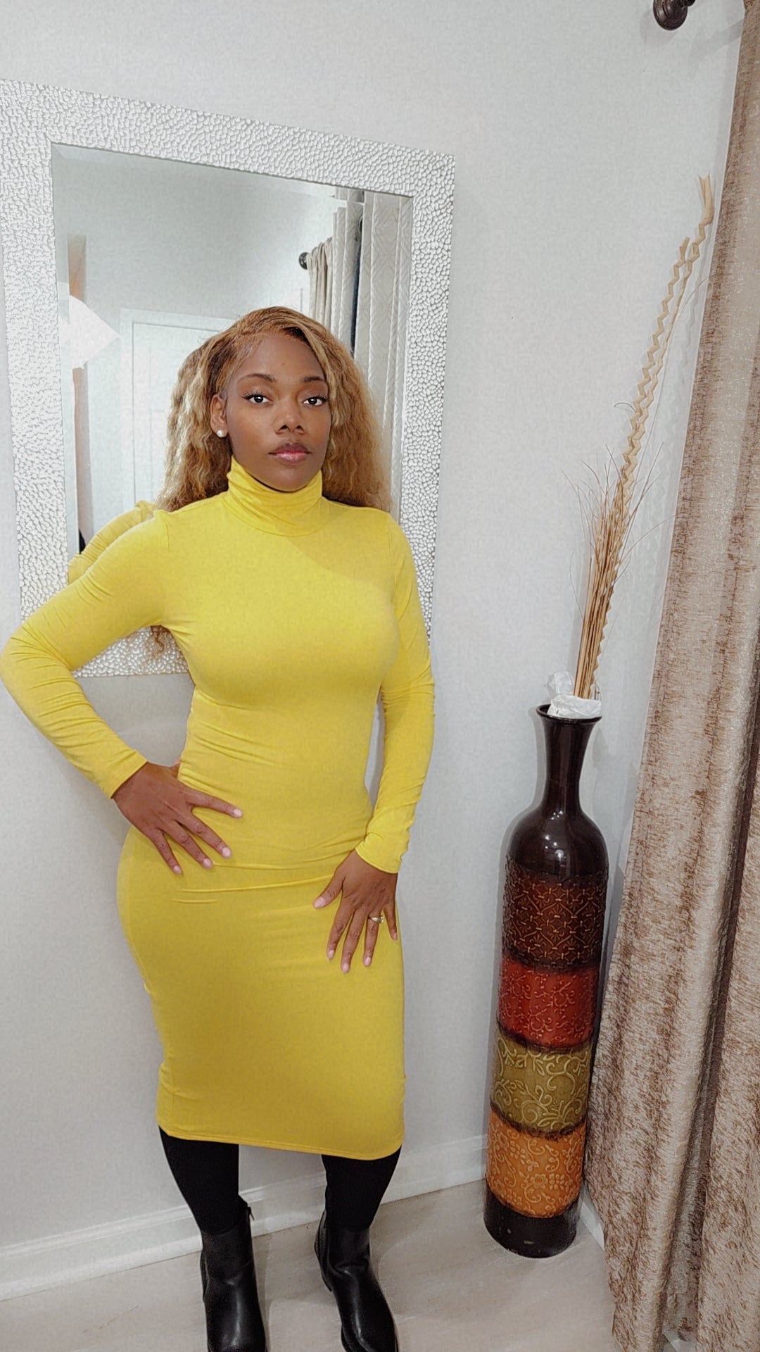Yellow Turtleneck Knee Length Dress